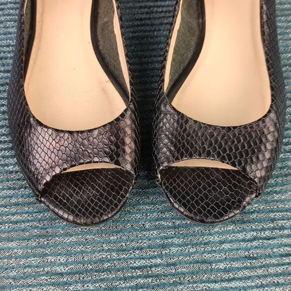 Cole Haan Morgan Peep Toe Ballet Flats Black Leather Uppers Embossed Snakeskin - Picture 5 of 16